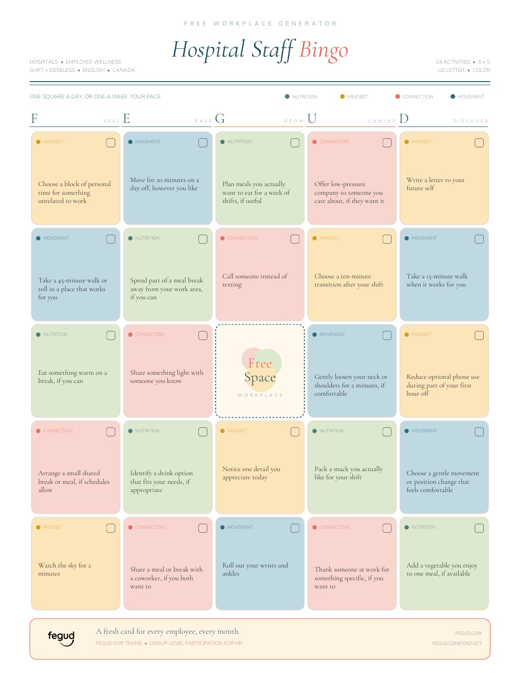 Printed hospital staff wellness bingo card with 24 reviewed activities and a center free square