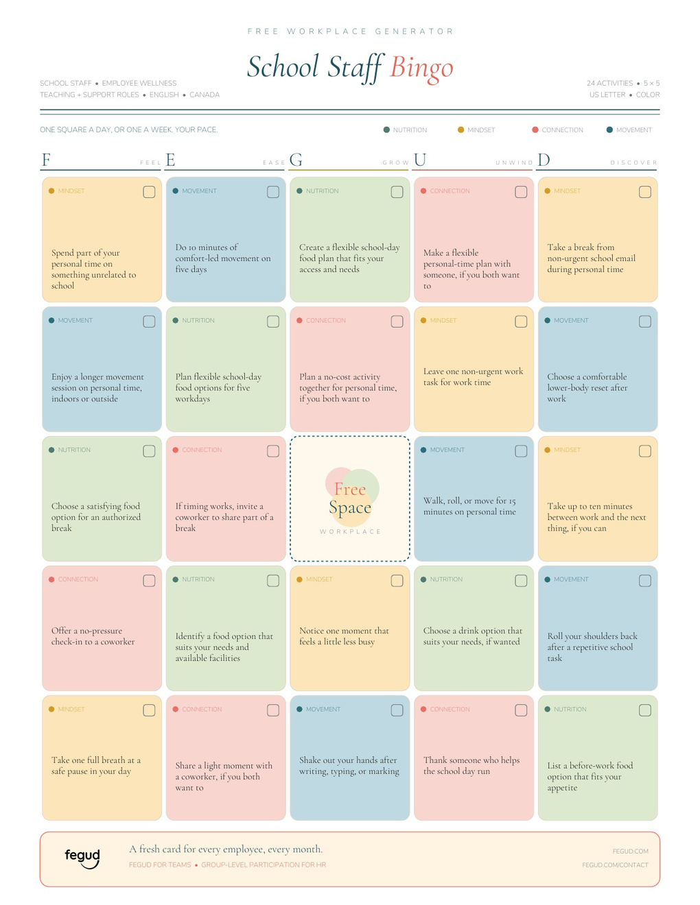 Printable school staff wellness bingo card with a 5 by 5 grid of 24 wellness activities across movement, nutrition, mindset and connection, with a free centre square