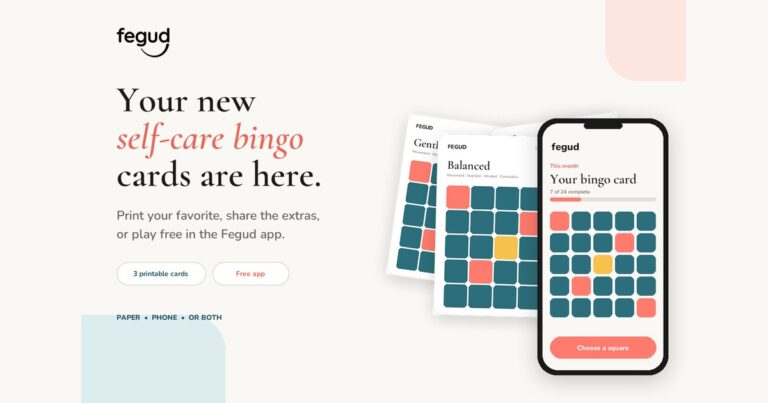 Fegud self-care bingo cards shown on paper and in the mobile app
