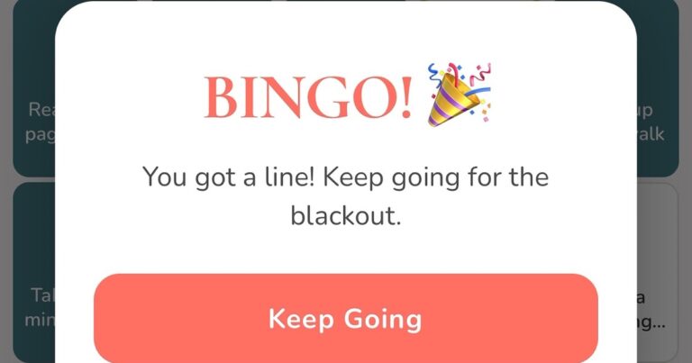 Fegud self-care bingo app showing a completed line and Keep Going prompt
