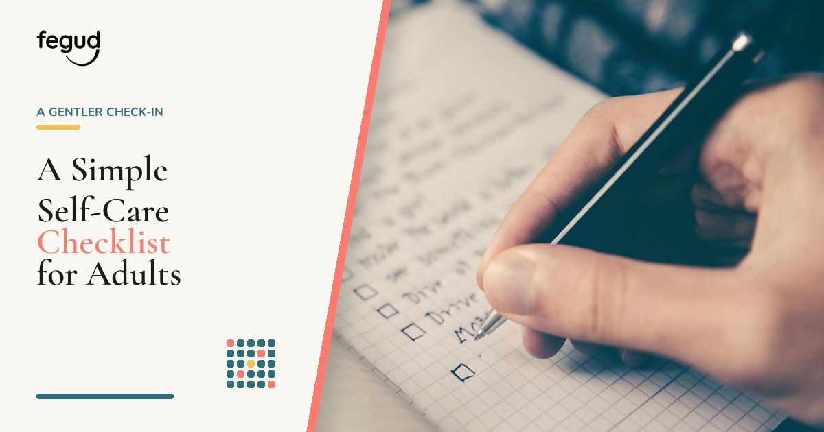 Person writing in a journal beside a self-care checklist for adults