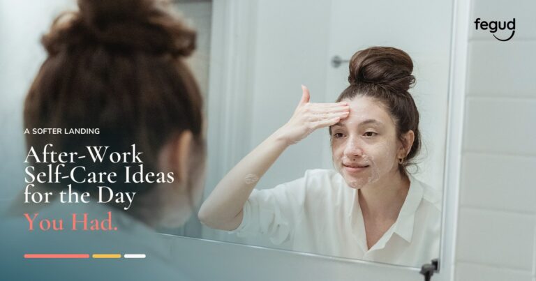 Self-care ideas after work, including skincare and a quiet reset at home