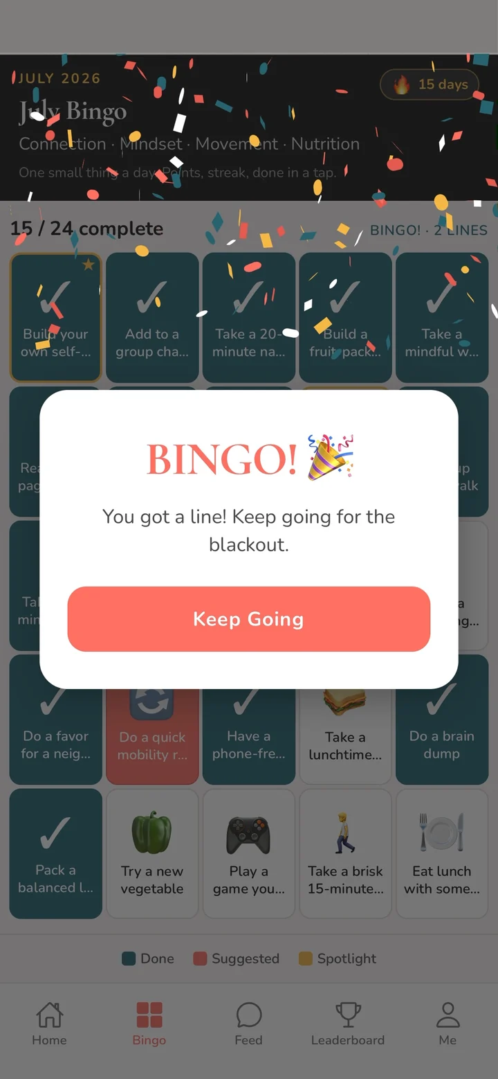 Fegud employee wellness challenge app showing a monthly self-care bingo card