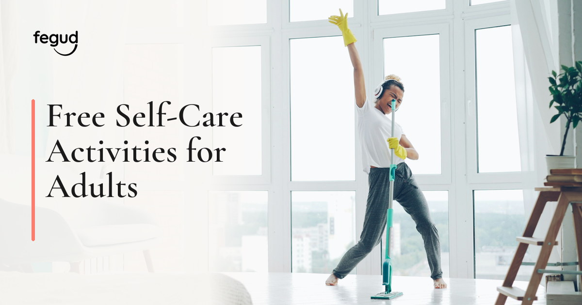 Woman cleaning a bright window during free self-care activities for adults