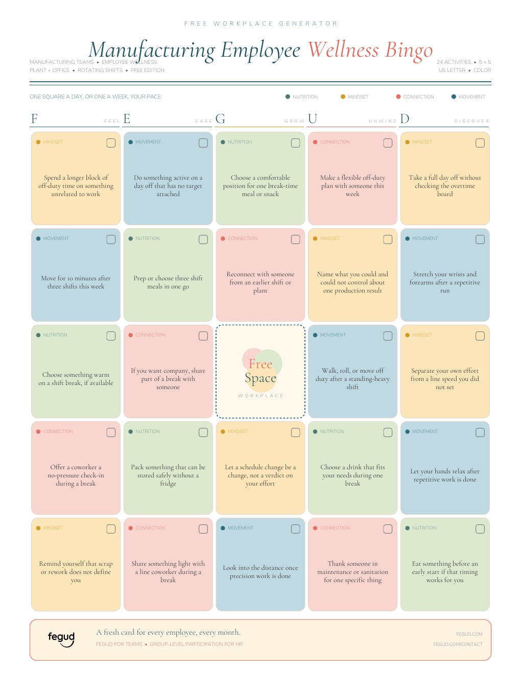 Printed Manufacturing employee wellness bingo card with reviewed activities for plant and office teams