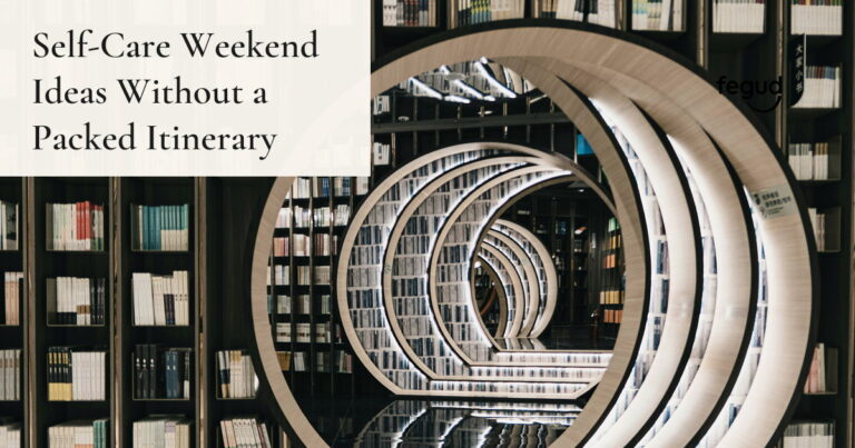 Curved library shelves and books for calm self-care weekend ideas