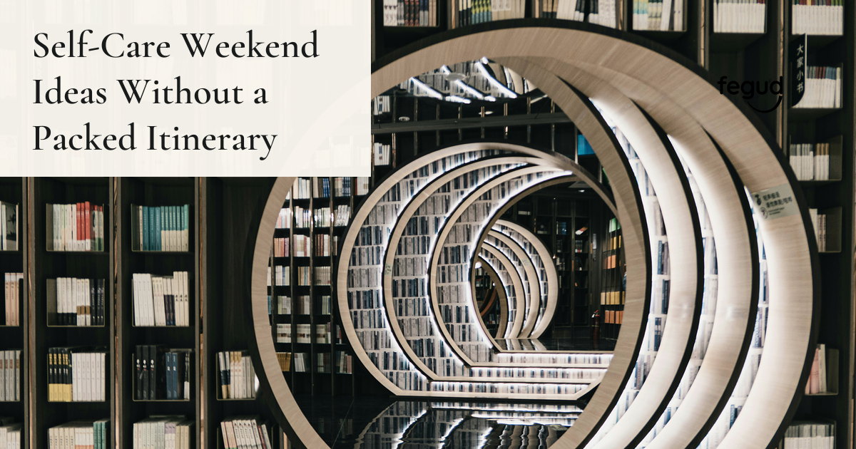 Curved library shelves and books for calm self-care weekend ideas