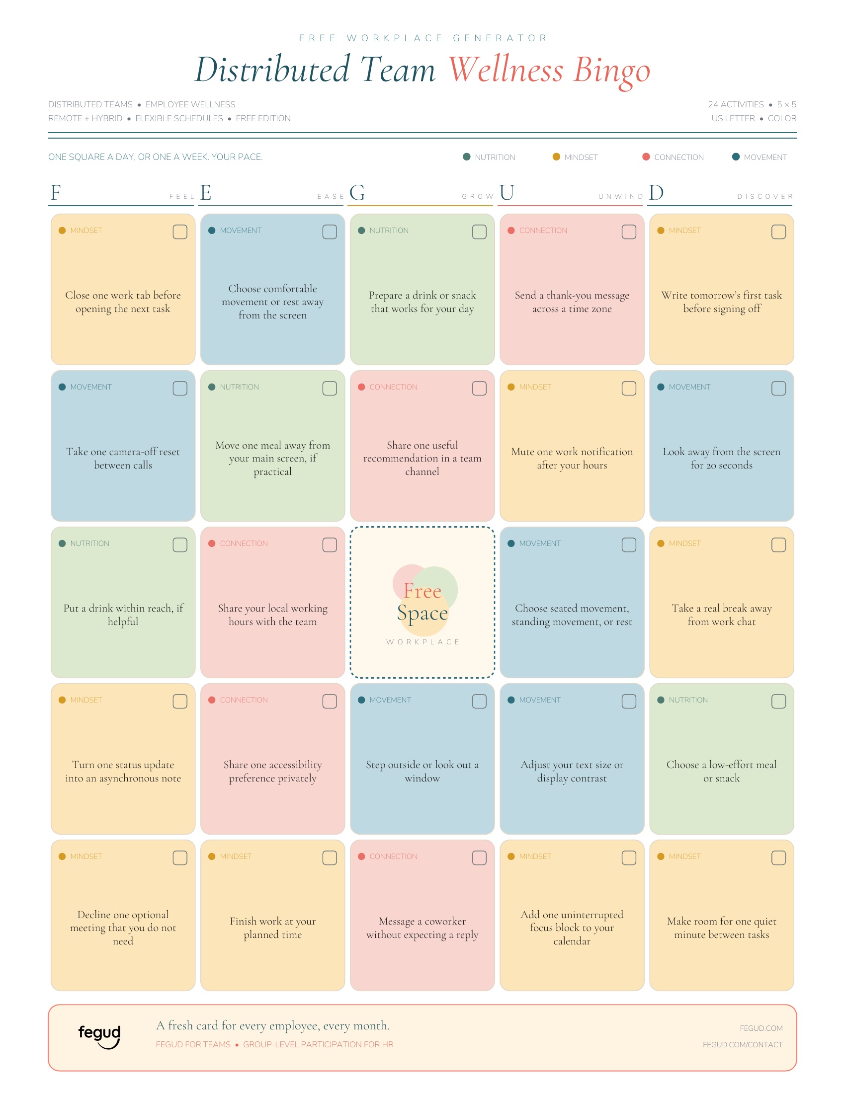 Printed Distributed Team Wellness Bingo card with 24 voluntary activities and a center free square